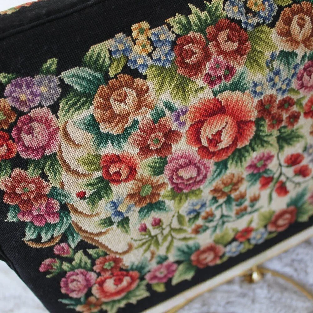 Vintage Style Petite Needlepoint Point Embroidery Handbag Gold Strap Purse